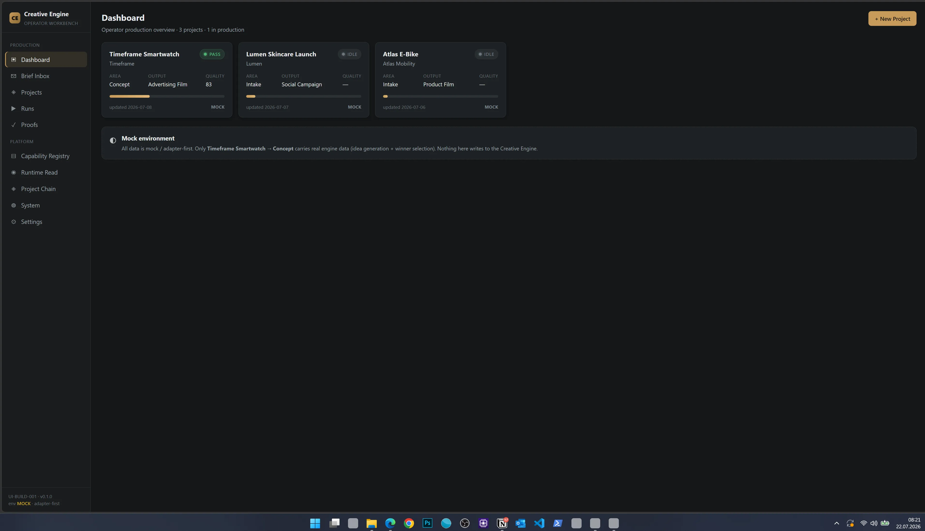 Creative Engine 1.0 Dashboard-Übersicht mit drei Projekten, MOCK-Umgebung sichtbar – ehrliche Darstellung als Projekt im Aufbau