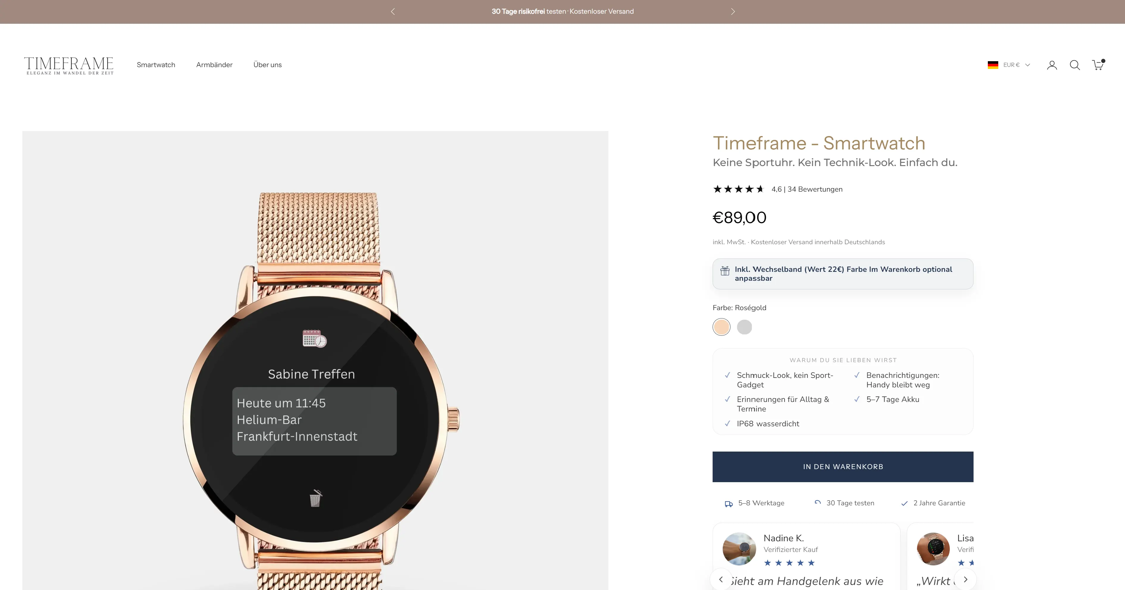 Timeframe Produktseite mit vollständigem Shopify-Setup, Preisangabe und Warenkorb